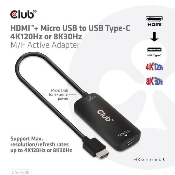 Club3D Adaptér HDMI + Micro USB na USB-C 4K120Hz/ 8K30Hz,  Active Adapter M/ F0