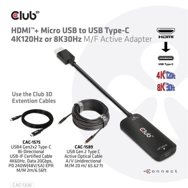 Club3D Adaptér HDMI + Micro USB na USB-C 4K120Hz/ 8K30Hz,  Active Adapter M/ F6