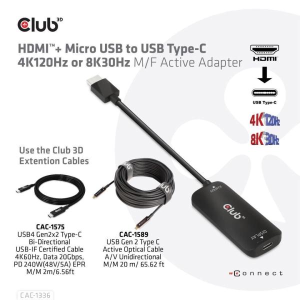 Club3D Adaptér HDMI + Micro USB na USB-C 4K120Hz/ 8K30Hz,  Active Adapter M/ F1