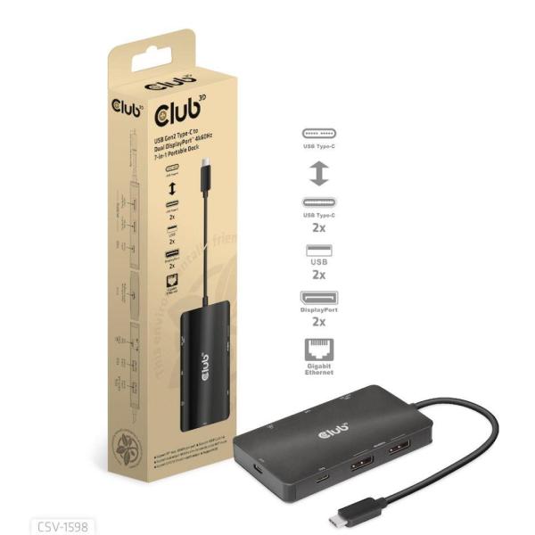 Club3D Dokovací stanice USB-C 7v1,  2xDP,  2xUSB-C,  2xUSB,  1xRJ45,  černá