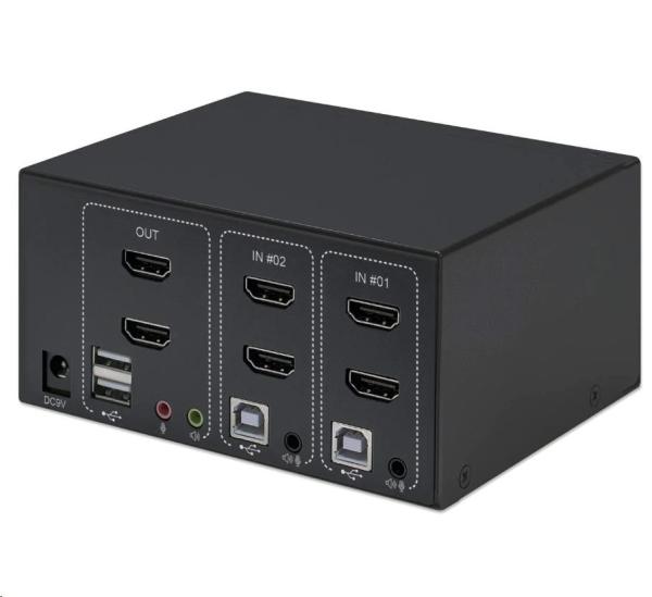 Manhattan HDMI přepínač,  2-Port Dual-Monitor HDMI KVM Switch,  4K@30Hz,  černá3
