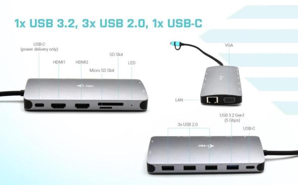i-tec USB 3.0 USB-C/ Thunderbolt 3x Display Metal Nano Dock with LAN,  PD 100 W8