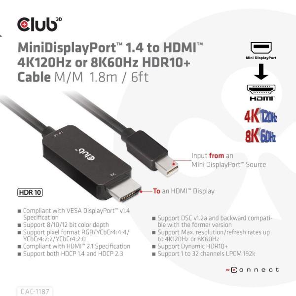 Club3D kabel miniDP 1.4 na HDMI,  4K120Hz nebo 8K60Hz HDR10+,  M/ M,  1.8m2