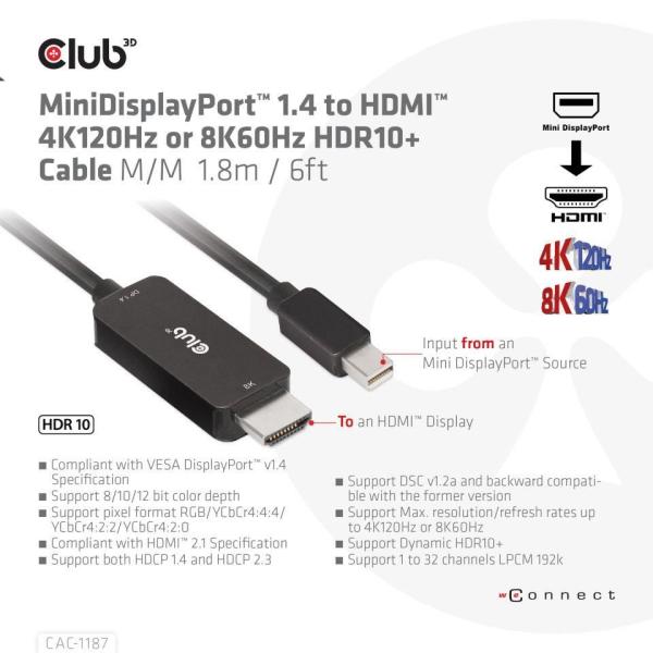 Club3D kabel miniDP 1.4 na HDMI,  4K120Hz nebo 8K60Hz HDR10+,  M/ M,  1.8m1