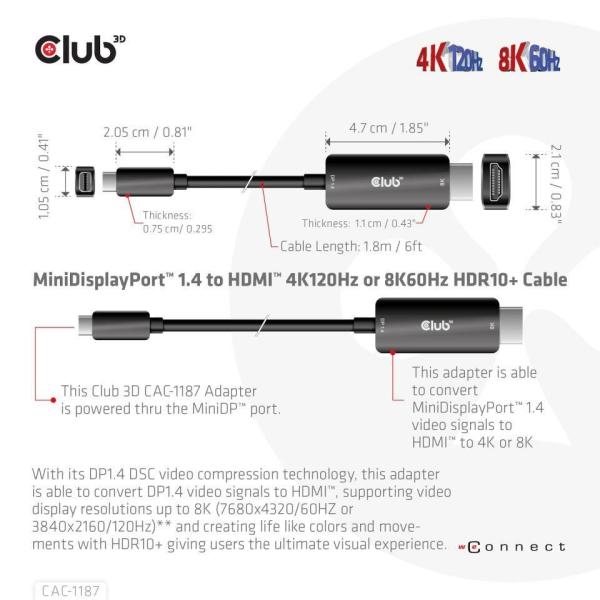 Club3D kabel miniDP 1.4 na HDMI,  4K120Hz nebo 8K60Hz HDR10+,  M/ M,  1.8m3