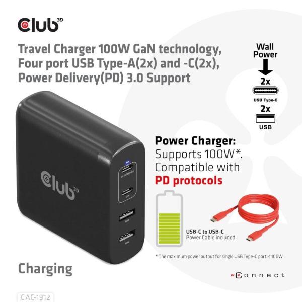 Club3D cestovní nabíječka 100W GAN technologie,  2xUSB-A a 2xUSB-C,  PD 3.0 Support1
