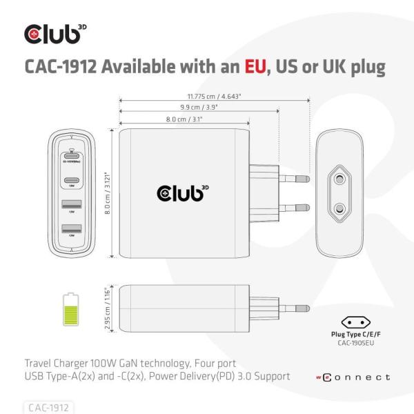 Club3D cestovní nabíječka 100W GAN technologie,  2xUSB-A a 2xUSB-C,  PD 3.0 Support4