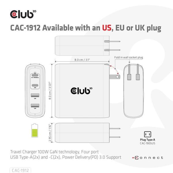Club3D cestovní nabíječka 100W GAN technologie,  2xUSB-A a 2xUSB-C,  PD 3.0 Support7