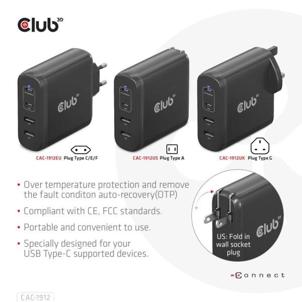Club3D cestovní nabíječka 100W GAN technologie,  2xUSB-A a 2xUSB-C,  PD 3.0 Support6