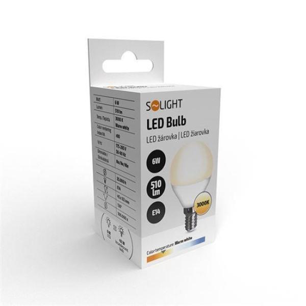 Solight LED žárovka, miniglobe, 6W, E14, 3000K, 510lm, bílé provedení1