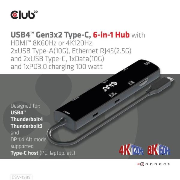 Club3D hub USB Gen3x2 Type-C (USB4),  6-in-1 s HDMI 8K60Hz/ 4K120Hz,  2xUSB,  RJ45 a 2xUSB-C,  1xData,  1xPD - nabíjení 100W1