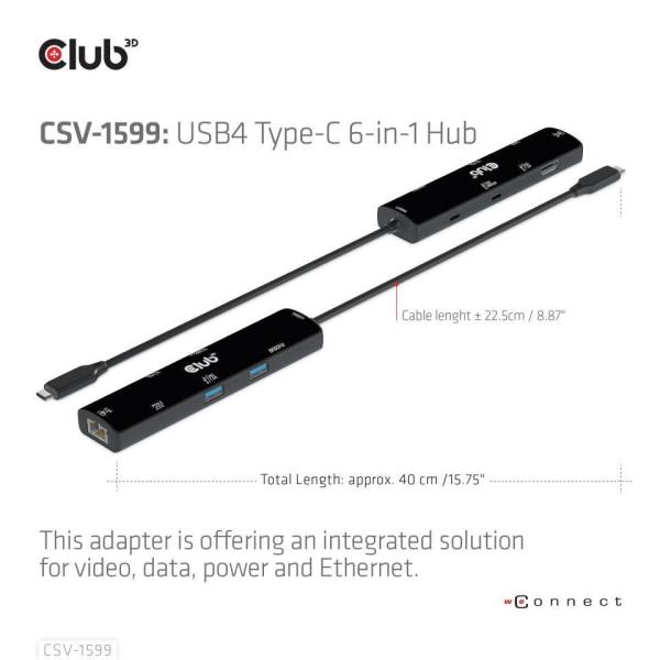 Club3D hub USB Gen3x2 Type-C (USB4),  6-in-1 s HDMI 8K60Hz/ 4K120Hz,  2xUSB,  RJ45 a 2xUSB-C,  1xData,  1xPD - nabíjení 100W5