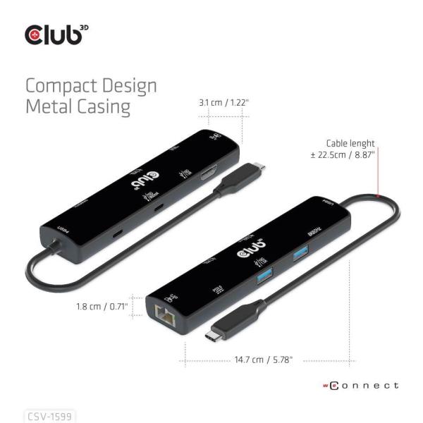 Club3D hub USB Gen3x2 Type-C (USB4),  6-in-1 s HDMI 8K60Hz/ 4K120Hz,  2xUSB,  RJ45 a 2xUSB-C,  1xData,  1xPD - nabíjení 100W6