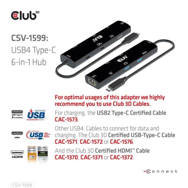Club3D hub USB Gen3x2 Type-C (USB4),  6-in-1 s HDMI 8K60Hz/ 4K120Hz,  2xUSB,  RJ45 a 2xUSB-C,  1xData,  1xPD - nabíjení 100W9