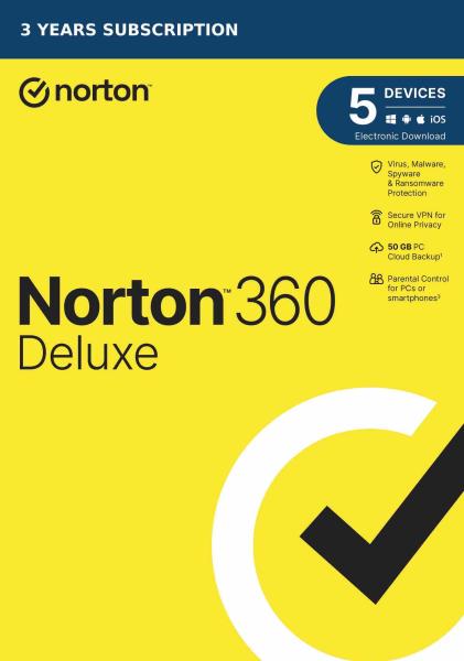 NORTON 360 DELUXE 50GB +VPN 1 používateľ pre 5 zariadení na 3 roky - ESD