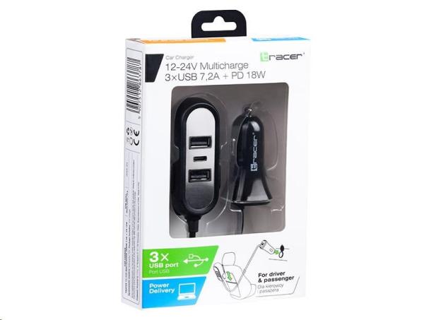 TRACER nabíječka do auta 12-24V Multicharge 3xUSB 7, 2A + PD 18W3