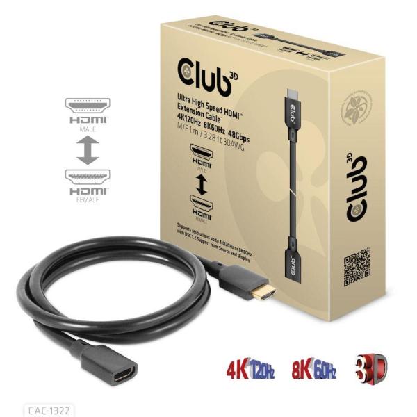 Club3D prodlužovací Ultra rychlý HDMI kabel,  4K120Hz,  8K60Hz,  48Gbps,  M/ F,  1m,  30 AWG