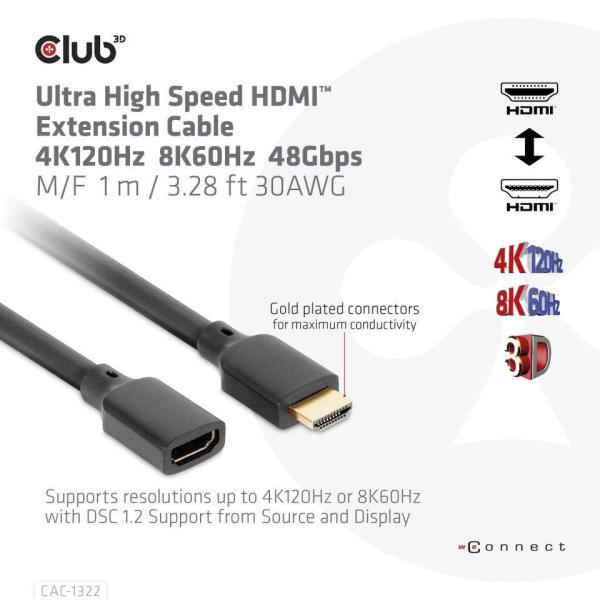 Club3D prodlužovací Ultra rychlý HDMI kabel,  4K120Hz,  8K60Hz,  48Gbps,  M/ F,  1m,  30 AWG4