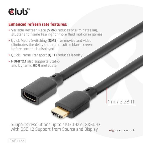 Club3D prodlužovací Ultra rychlý HDMI kabel,  4K120Hz,  8K60Hz,  48Gbps,  M/ F,  1m,  30 AWG3
