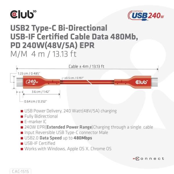 Club3D kabel USB-C,  Oboustranný USB-IF Certifikovaný data kabel,  PD 240W(48V/ 5A) EPR M/ M 4m7