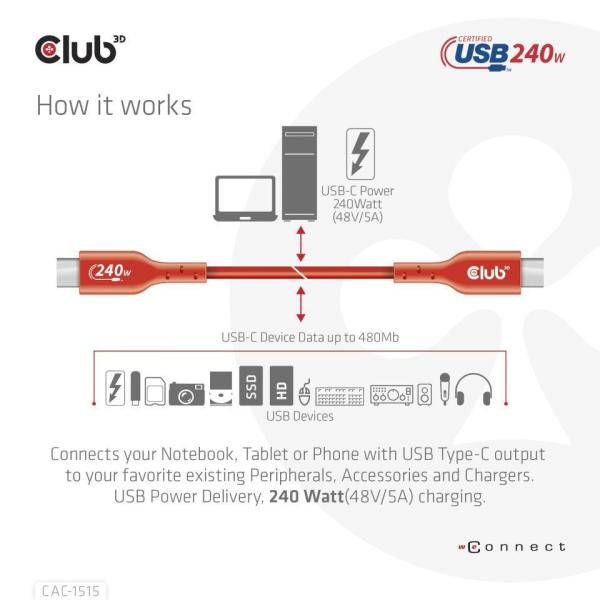Club3D kabel USB-C,  Oboustranný USB-IF Certifikovaný data kabel,  PD 240W(48V/ 5A) EPR M/ M 4m0
