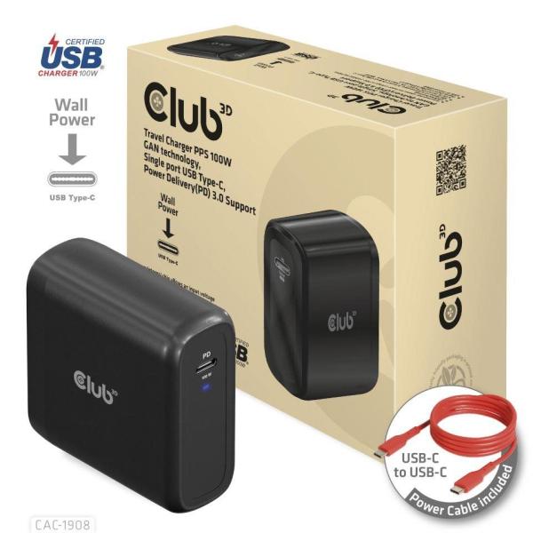 Club3D cestovní nabíječka 100W GAN technologie,  USB-IF TID certified,  USB Type-C,  Power Delivery(PD) 3.0 Support