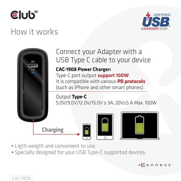 Club3D cestovní nabíječka 100W GAN technologie,  USB-IF TID certified,  USB Type-C,  Power Delivery(PD) 3.0 Support3