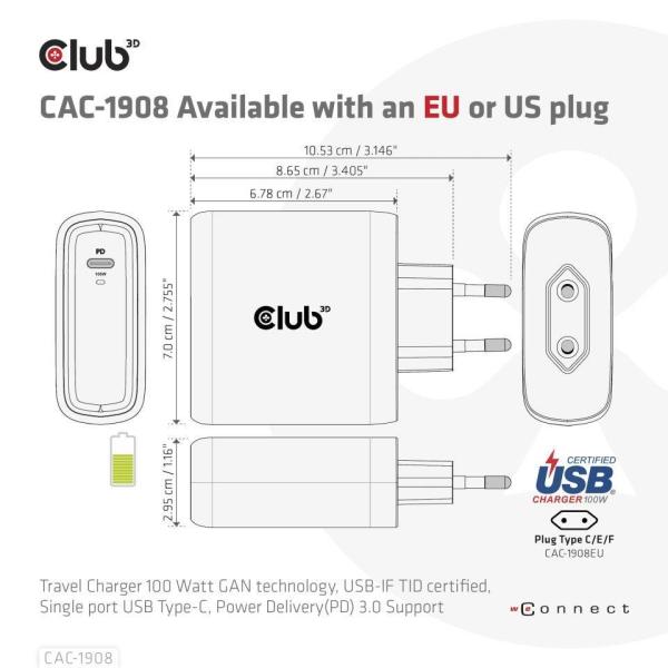 Club3D cestovní nabíječka 100W GAN technologie,  USB-IF TID certified,  USB Type-C,  Power Delivery(PD) 3.0 Support1