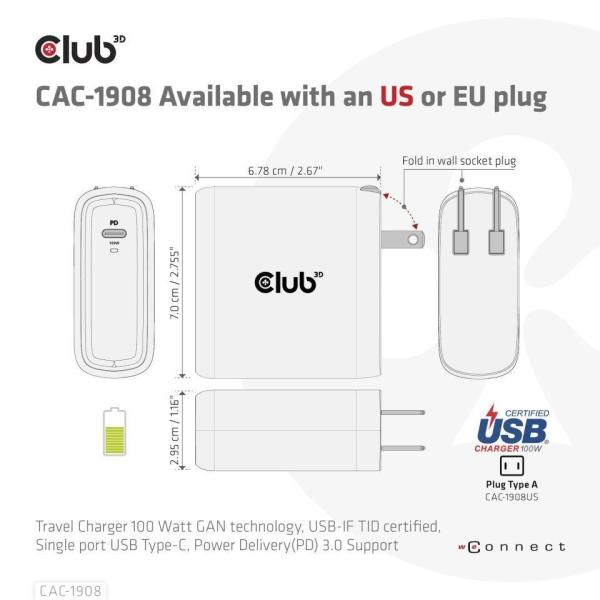 Club3D cestovní nabíječka 100W GAN technologie,  USB-IF TID certified,  USB Type-C,  Power Delivery(PD) 3.0 Support2