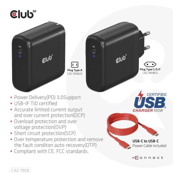Club3D cestovní nabíječka 100W GAN technologie,  USB-IF TID certified,  USB Type-C,  Power Delivery(PD) 3.0 Support3