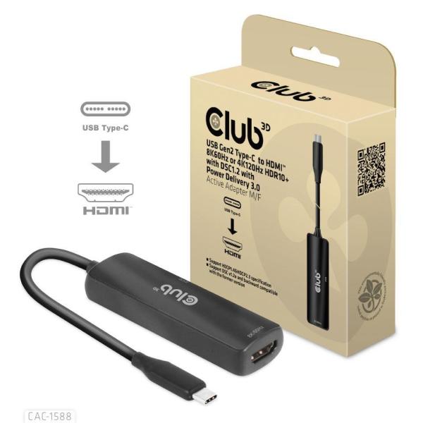 Club3D Adaptér USB-C na HDMI 8K60Hz/ 4K120Hz,  Active Adapter M/ F,  PD 3.0,  HDR10+ a DSC 1.2