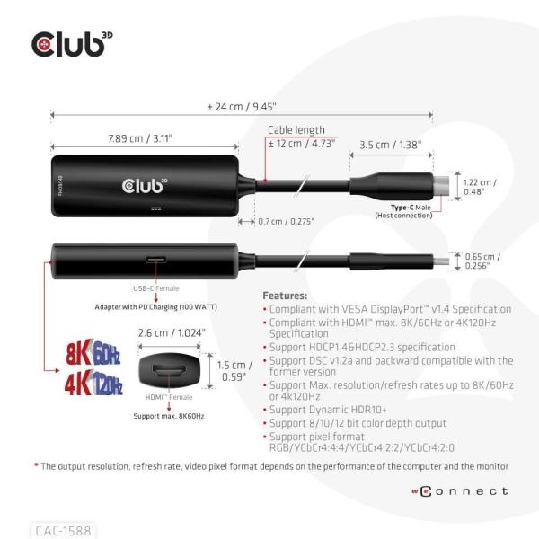Club3D Adaptér USB-C na HDMI 8K60Hz/ 4K120Hz,  Active Adapter M/ F,  PD 3.0,  HDR10+ a DSC 1.24