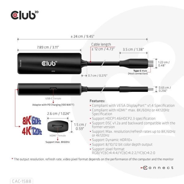 Club3D Adaptér USB-C na HDMI 8K60Hz/ 4K120Hz,  Active Adapter M/ F,  PD 3.0,  HDR10+ a DSC 1.22