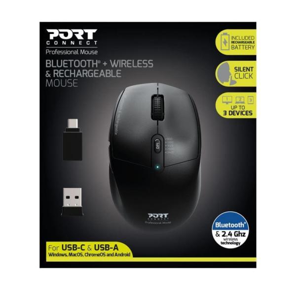 PORT dobíjecí myš s duálním bezdrátovým připojením,  BT,  2, 4 GHz,  USB-A/ C,  černá3