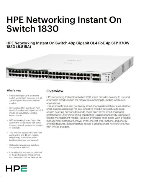 HPE Networking Instant On Switch 48p Gigabit CL4 PoE 4p SFP 370W 1830 (JL815A)2