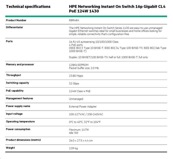 HPE Networking Instant On Switch 16p Gigabit CL4 PoE 124W 14301