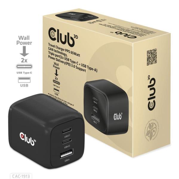 Club3D cestovní nabíječka 65W GAN technologie,  3 porty (2xUSB-C + USB-A),  PPS,  Power Delivery(PD) 3.0 Support