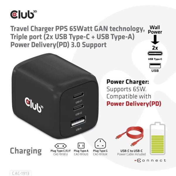 Club3D cestovní nabíječka 65W GAN technologie,  3 porty (2xUSB-C + USB-A),  PPS,  Power Delivery(PD) 3.0 Support1
