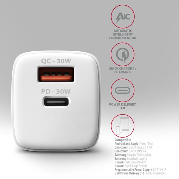 AXAGON ACU-PQ30W,  Sil nabíjačka do siete 30W,  2x port (USB-A + USB-C),  PD3.0/ PPS/ QC4+/ SFC/ AFC/ Apple,  biela1
