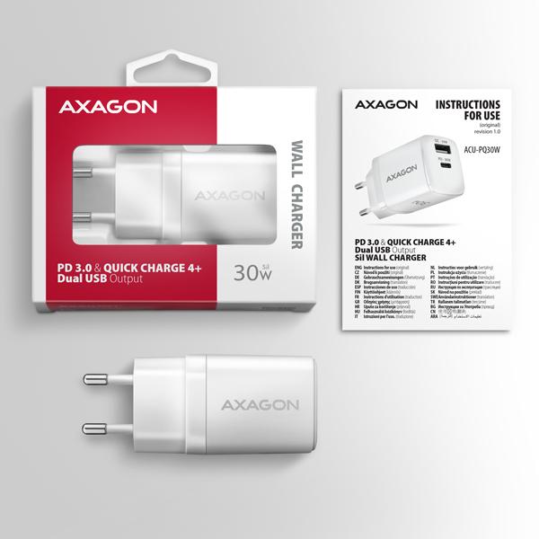 AXAGON ACU-PQ30W,  Sil nabíjačka do siete 30W,  2x port (USB-A + USB-C),  PD3.0/ PPS/ QC4+/ SFC/ AFC/ Apple,  biela8