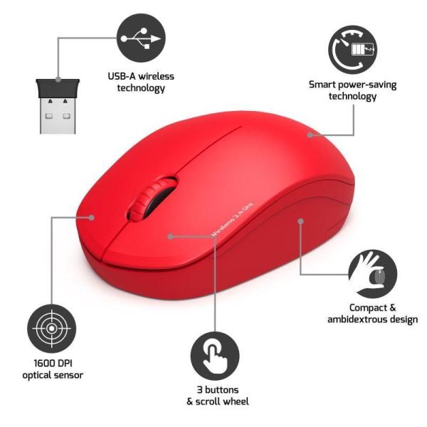 PORT bezdrátová myš Wireless COLLECTION,  USB-A dongle,  2.4Ghz,  1600DPI,  červená0