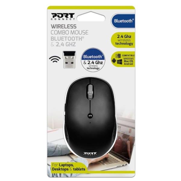 PORT bezdrátová myš COMBO,  2, 4 Ghz & Bluetooth,  USB-A,  černá2