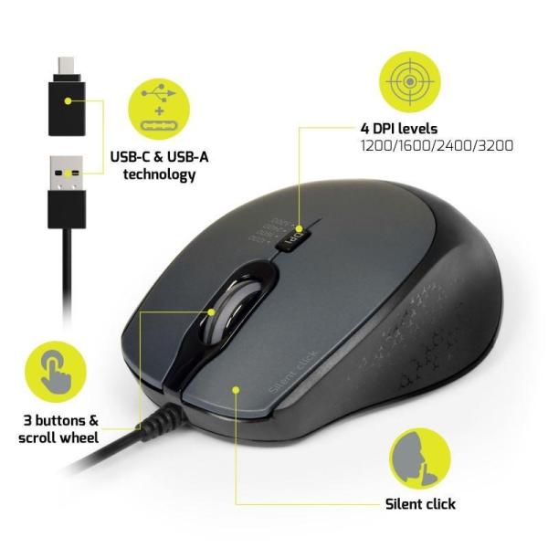 PORT optická myš SILENT, USB-A/USB-C, 3600 DPI, černá4