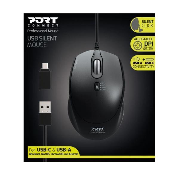 PORT optická myš SILENT, USB-A/USB-C, 3600 DPI, černá0