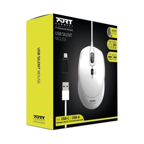 PORT optická myš SILENT,  USB-A/ USB-C,  3600 DPI,  bílá4