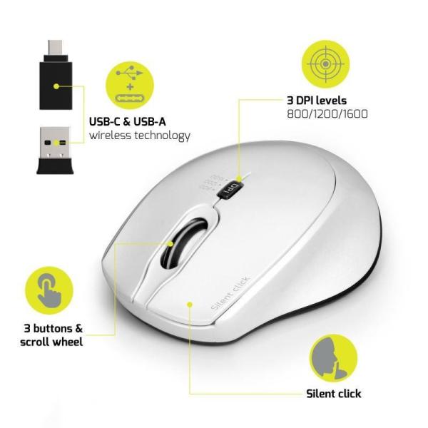 PORT bezdrátová myš SILENT,  USB-A/ USB-C dongle,  2, 4Ghz,  1600DPI,  bílá3