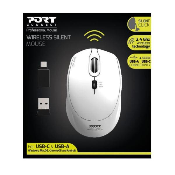 PORT bezdrátová myš SILENT,  USB-A/ USB-C dongle,  2, 4Ghz,  1600DPI,  bílá0