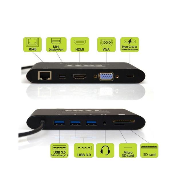 PORT dokovací stanice 8v1 , LAN,  HDMI,  mini Display Port,  VGA,  USB-C 60W,  3x USB-A, 2