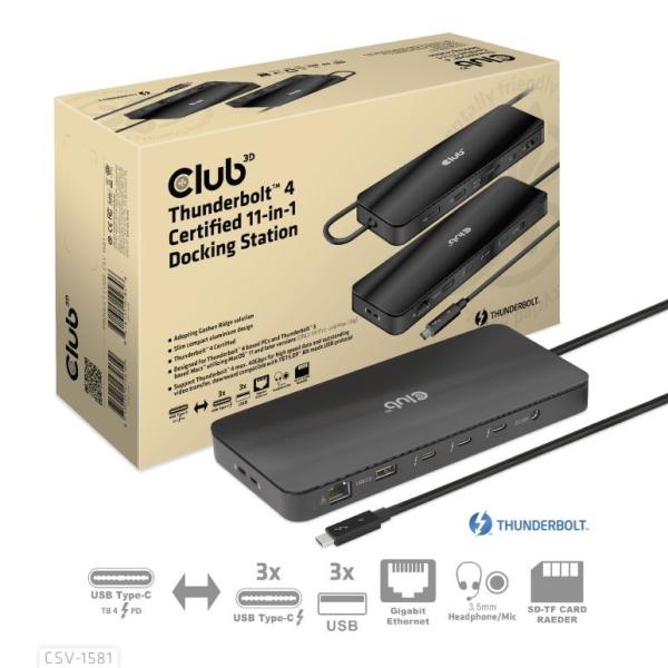 Club3D Dokovací stanice USB-C 11v1,  2xDP,  3xUSB-C,  3xUSB,  1xRJ45,  čtečka SD karet,  černá