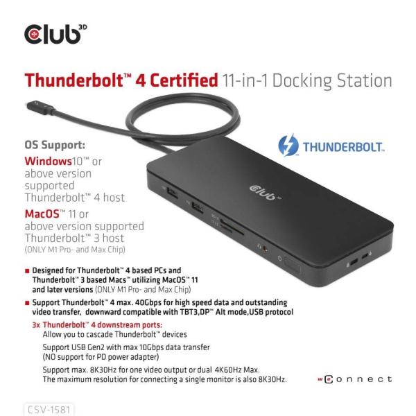 Club3D Dokovací stanice Thunderbolt 4 certifikovaný 11v1,  3xUSB-C,  3xUSB-A,  PD0